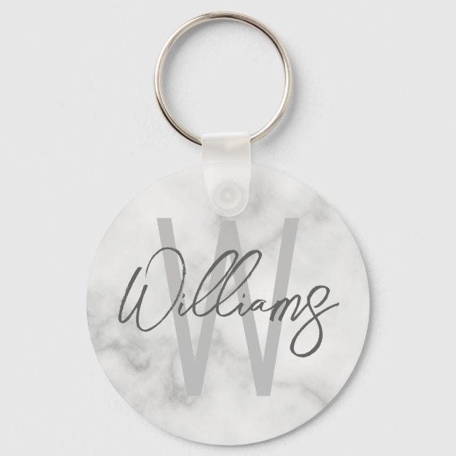 Porte-clés Marbre blanc Script Monogramme personnalisé et nom (Recto)