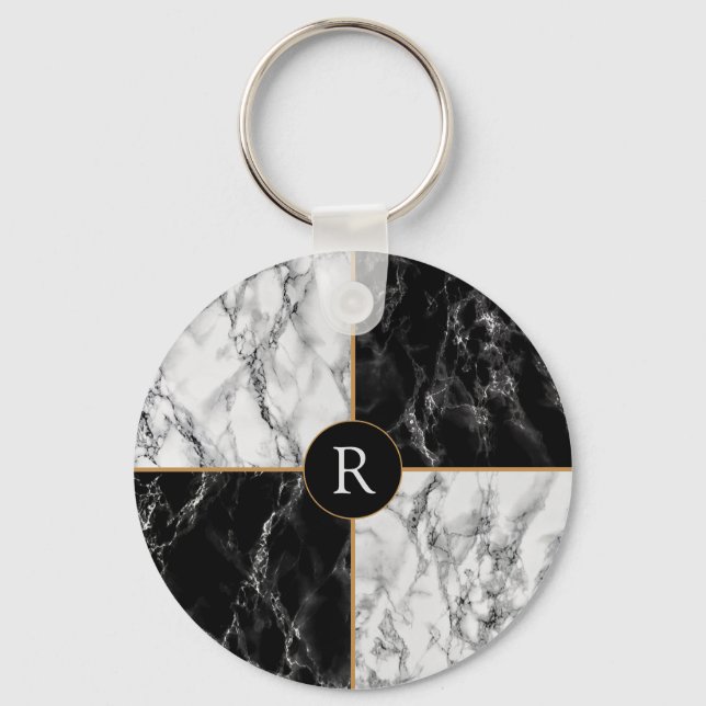 Porte-clés Marbre Chèque Noir & Blanc tendance - Ajouter Votr (Recto)