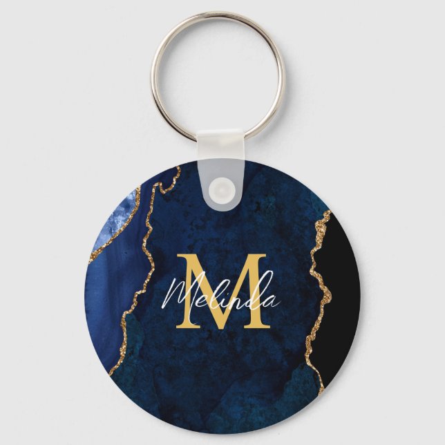Porte-clés Marbre d'agate bleu marine et or (Recto)