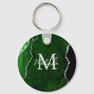 Porte-clés Marbre d'agate vert et argent