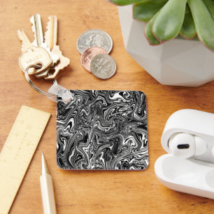 Porte-clés Marbre Liquide Noir et Blanc Abstrait