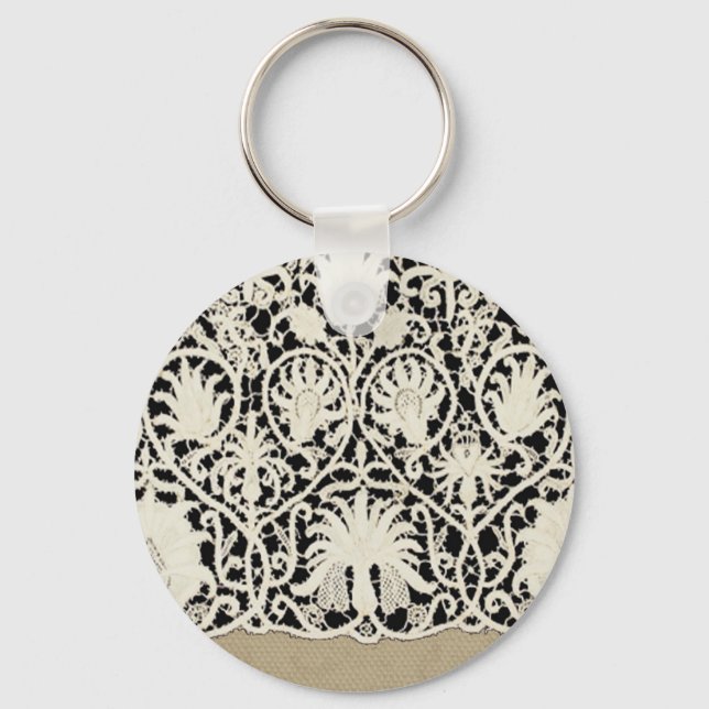 Porte-clés Mariage Antique Dentelle Lin Blanc Classique Joli (Recto)