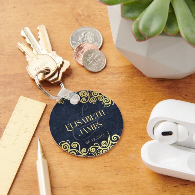 Porte-clés Mariage Classé Marine Bleu Et Boho Or (Bureau)