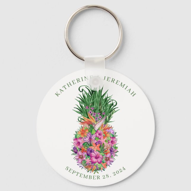 Porte-clés Mariage d'aquarelle tropicale à ananas (Recto)