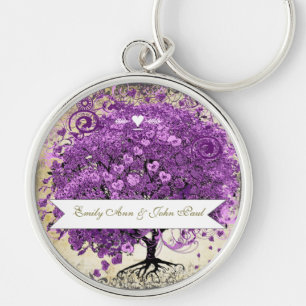 Porte-clés Mariage de feuille d'arbre de coeur violet radiant