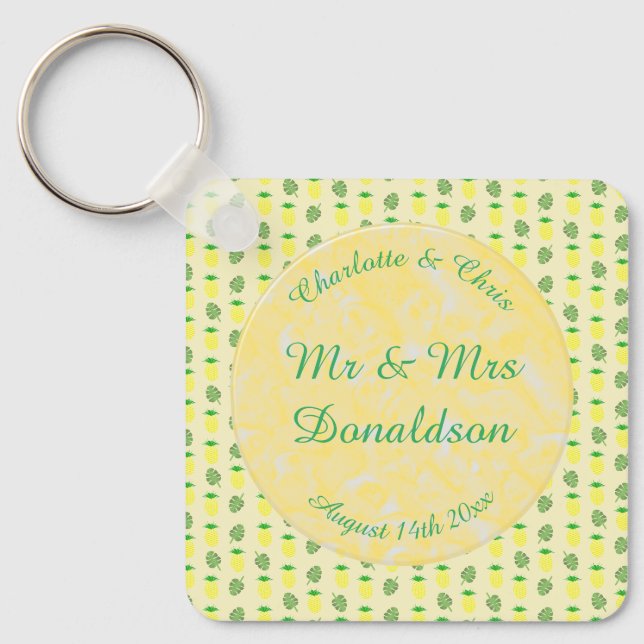 Porte-clés Mariage d'été tropical Ananas et Palm Feuille (Recto)