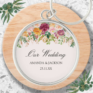 Porte-clés Mariage Élégant de Jardin de Roses à l'Aquarelle C