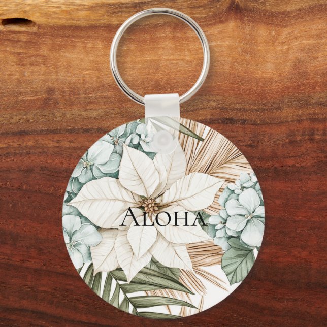 Porte-clés Mariage Fleurs Blanches Bleues Tropicales (Recto)