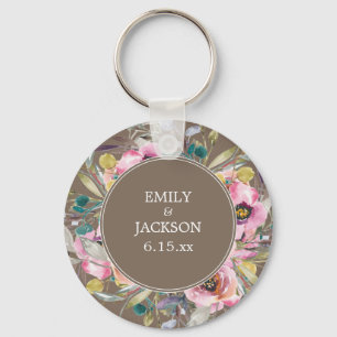 Porte-clés Mariage Floral Aquarelle Rose Rustique Brun