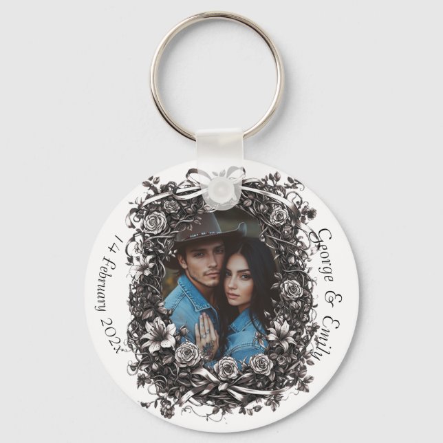Porte-clés Mariage floral rustique, sépia. (Recto)