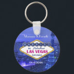 Porte-clés Mariage Las Vegas<br><div class="desc">Fun wedding keepsake venin to commemorate your Las Vegas Wedding. Background is a striking view of Las Vegas city in blue to violet tones with text and famous sign announcing your recent nuptials dans le Nevada. Customize Bride and Groom name area and wedding date.</div>