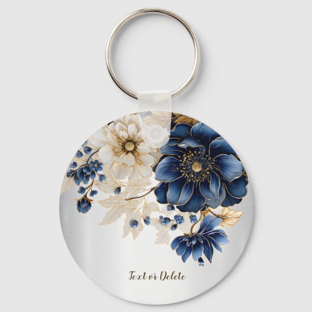 Porte-clés Mariage Marine Bleu Blanc Or Floral Argent (Recto)