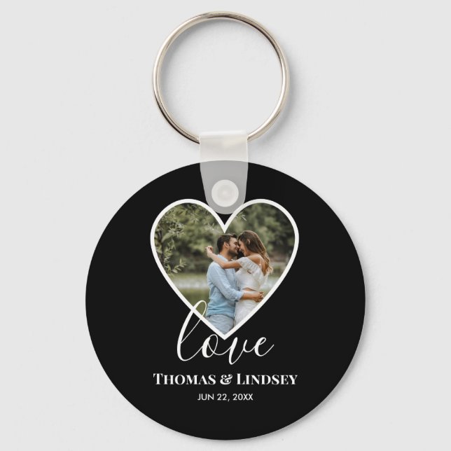 Porte-clés Mariage Photo Black Heart Frame Moderne Calligraph (Recto)