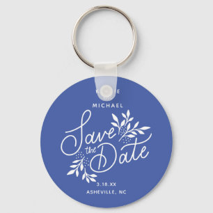 Porte-clés Mariage Sauvez la date Calligraphie Bleu botanique