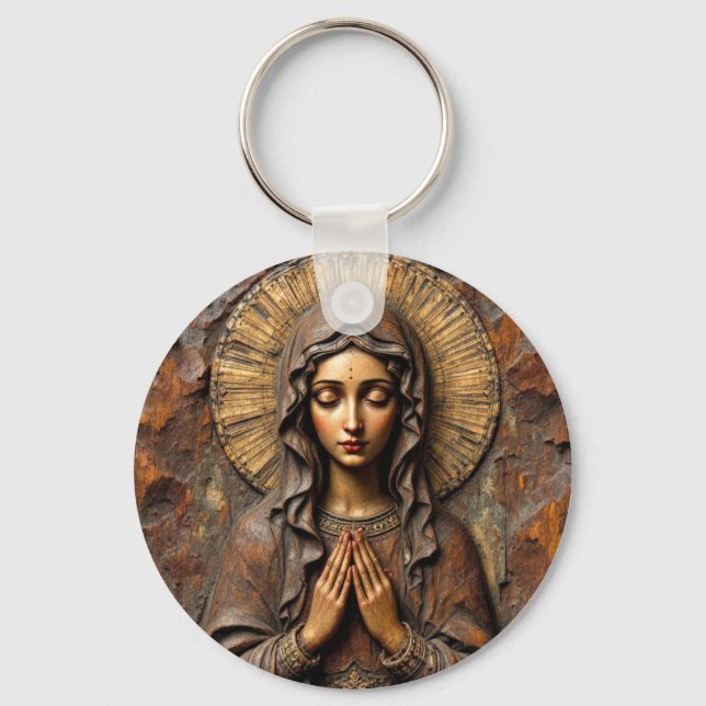 Porte-clés Marie en bois sculptée avec dévotion (Recto)