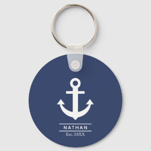 Porte-clés Marine Ancre Bleu Washed Nom du monogramme personn
