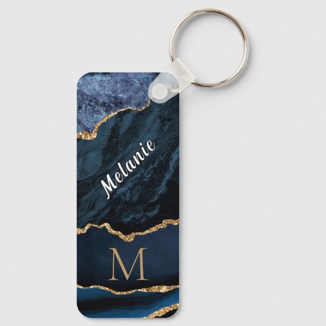 Porte-clés Marine Blue Gold Marble Custom Lettre Nom Porte -  (Verso)