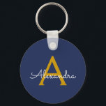 Porte-clés Marine Blue Gold Modern Script Girl Monogramme Nom<br><div class="desc">Marine Blue et or Simple Script Monogramme Nom Clés (Porte - clé). Cela rend le cadeau parfait pour 16 ans,  mariage,  douche nuptiale,  anniversaire,  baby shower ou bachelorette pour quelqu'un qui aime le luxe glam et les styles chic.</div>