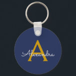 Porte-clés Marine Blue Gold Modern Script Girl Monogramme Nom<br><div class="desc">Marine Blue et or Simple Script Monogramme Nom Clés (Porte - clé). Cela rend le cadeau parfait pour 16 ans,  mariage,  douche nuptiale,  anniversaire,  baby shower ou bachelorette pour quelqu'un qui aime le luxe glam et les styles chic.</div>