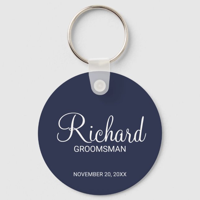 Porte-clés Marine Blue Modern Script Personnalisé Groomsman (Recto)