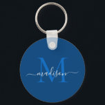 Porte-clés Marine Blue White Monogramme Nom Modern Girl Scrip<br><div class="desc">Simple Marine Bleu Monogramme Blanc Élégant Moderne Porte - clé Script</div>