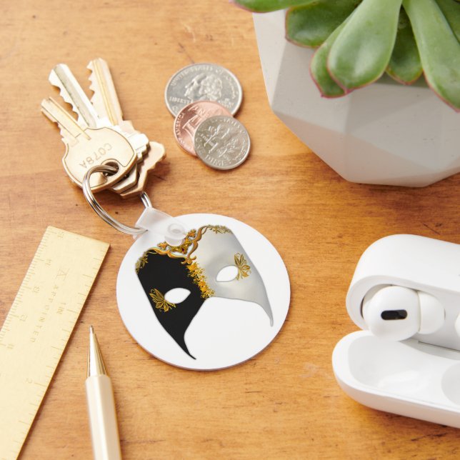 Porte-clés Masque vénitien : Noir, Blanc et Or (Bureau)
