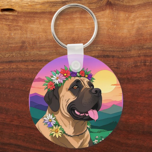 Porte-clés Mastiff dogue anglais avec couronne de fleurs fête (Verso)