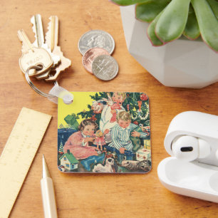 Porte-clés Matin de Noël vintage, enfants ouvrant des cadeaux