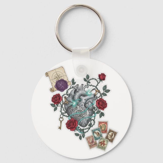 Porte-clés Mechanical Heart with Roses – Vintage Surreal Art (Recto)