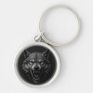 Porte-clés Médaillon Argent Tête de Loup 3D