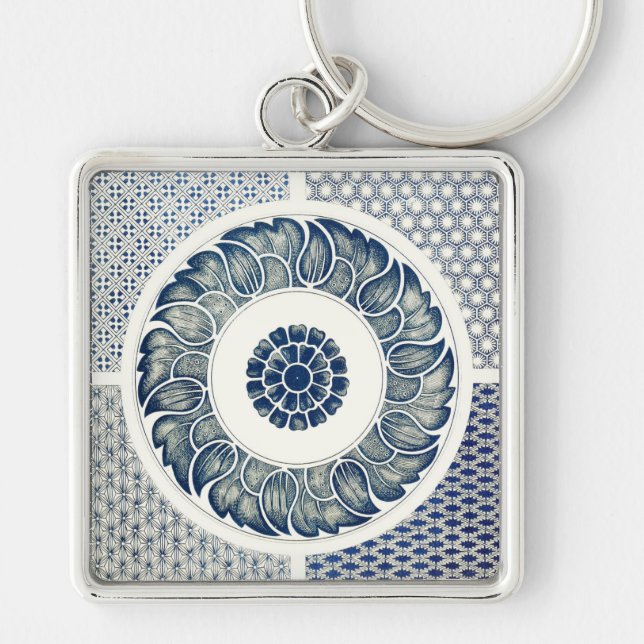 Porte-clés Médaillon Chinois : Chinoiserie Bleu Indigo (Devant)