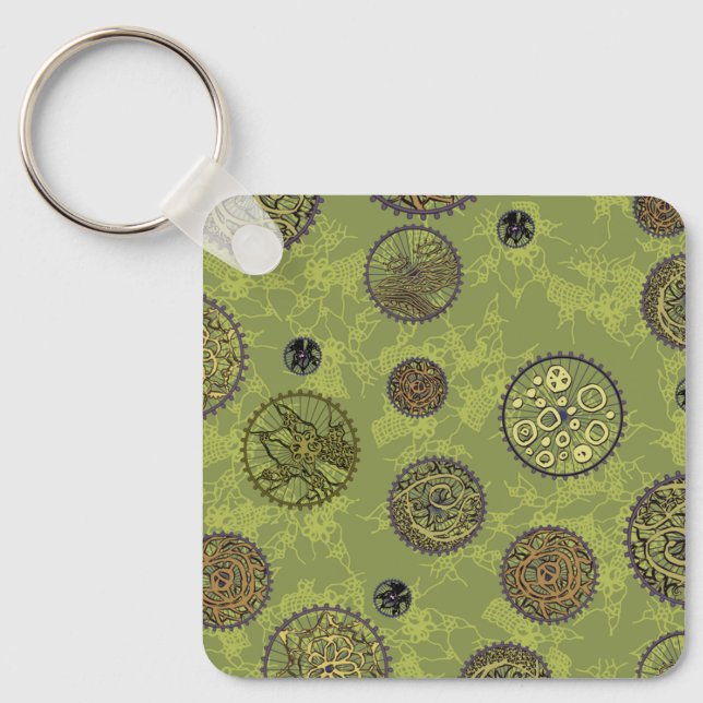 Porte-clés Médaillons de roue dentée steampunk verts (Recto)