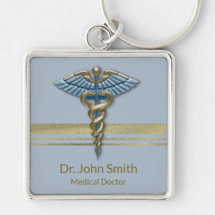 Porte-clés Medical Light Blue Caduceus Faux Gold Foil Stripes
