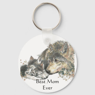 Porte-clés Meilleure Maman Ever Aquarelle Wolf & Cubs Thème a
