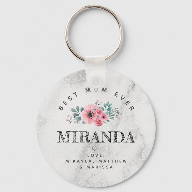 Porte-clés Meilleure maman fleurs roses fond marbre (Recto)