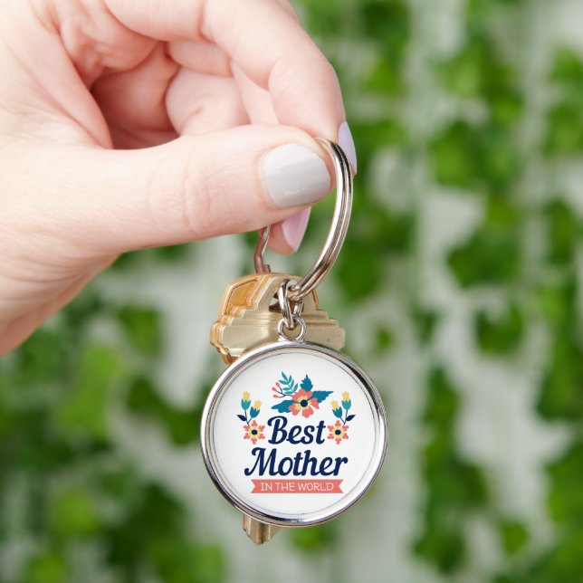 Porte-clés Meilleure mère dans le monde, bleu marine floral (main)