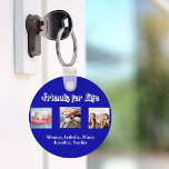Porte-clés Meilleurs amis BFF nom photo royal bleu blanc<br><div class="desc">Un cadeau pour votre(vos) meilleur(s) ami(s) pour les anniversaires,  Noël ou un événement spécial. Texte blanc : Amis pour la vie,  écrit avec un script de style tendance. Personnalisez et utilisez vos propres photos et noms. Arrière - plan royal bleu.</div>