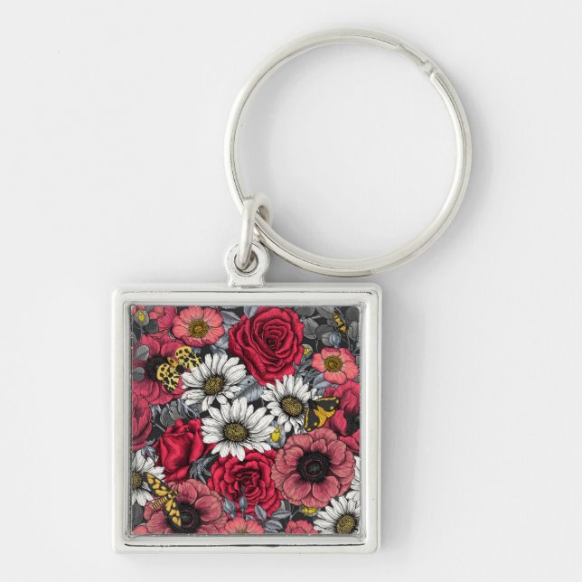 Porte-clés Mélange de fleurs en rouge et gris (Devant)
