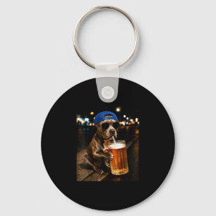 Porte-clés Mème amusant de pitbull buvant de la bière la nuit