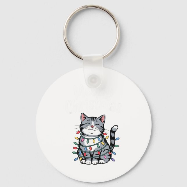 Porte-clés Meowy Christmas Cute Gray Tabby Cat Holiday Lights (Recto)