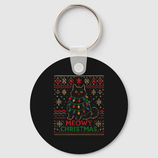 Porte-clés Meowy Christmas Xmas Lights Cat Ugly Sweater Pajam (Recto)