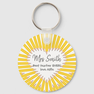 Porte-clés Merci enseignant grand coeur jaune crayon cadeau