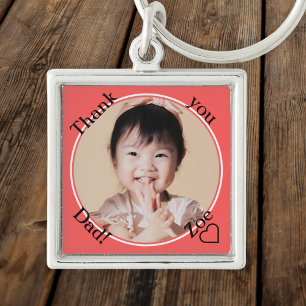 Porte-clés Merci papa en rond et rouge, photo et nom