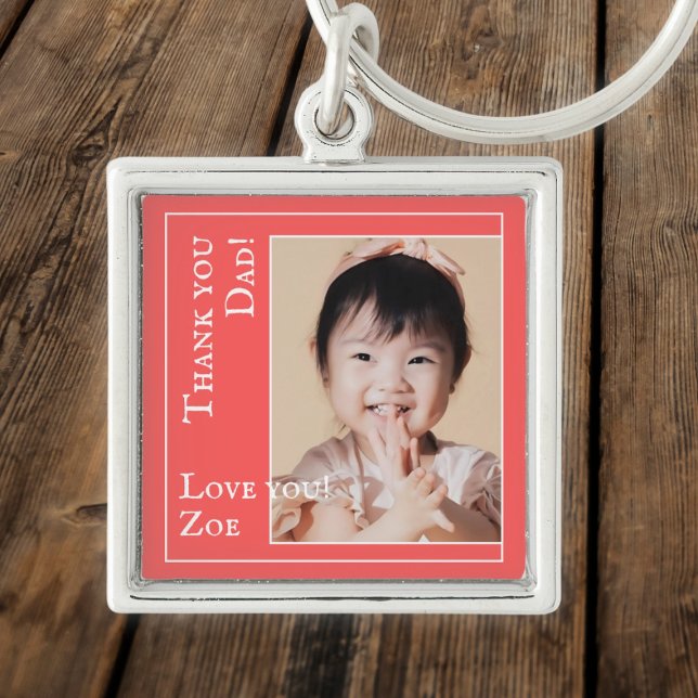 Porte-clés Merci papa en rouge et blanc, photo et nom (Créateur téléchargé)