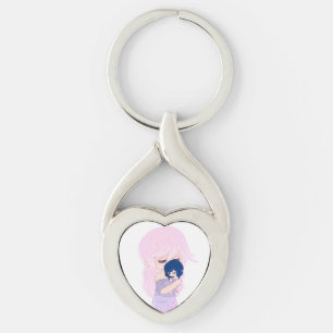 Porte-clés Mère de dessin avec son bébé fille coeur Keychain