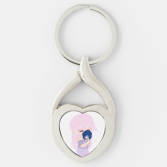 Porte-clés Mère de dessin avec son bébé fille coeur Keychain (Devant)