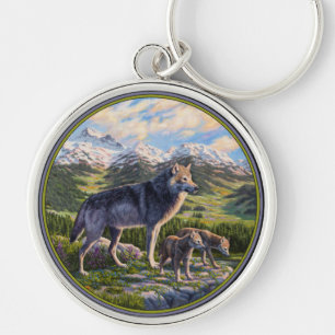 Porte-clés Mère Wolf & Pups Mountain River Valley