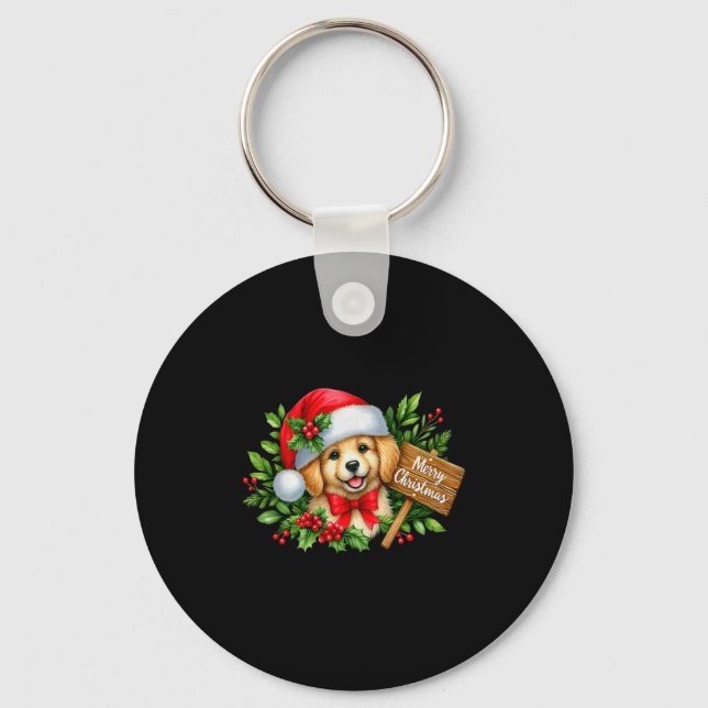 Porte-clés Merry Christmas Puppy Santa Hat Holly Sign Premium (Recto)