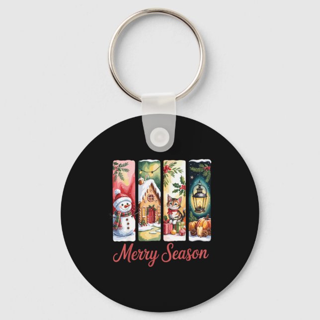 Porte-clés Merry Season Festive Snowman Cat Gingerbread House (Recto)