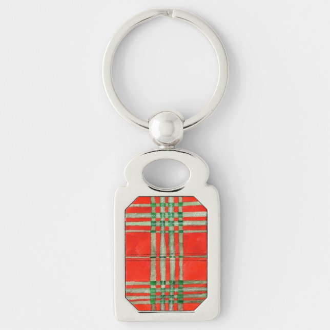 PORTE-CLÉS MÉTAL RECTANGLE TARTAN SCOTT ROUGE (Devant)
